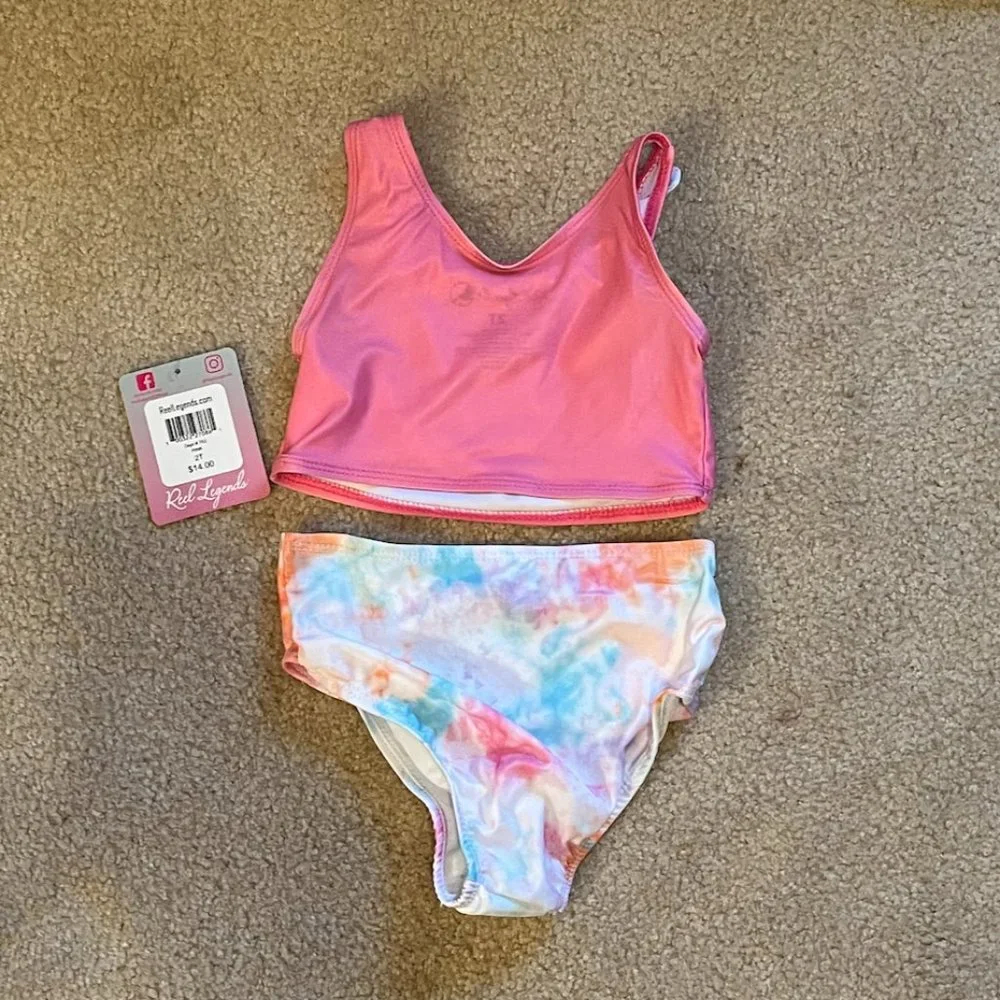NWT Reel Legends girls 2T two-piece swimsuit, pink and tie-dye multi-colored